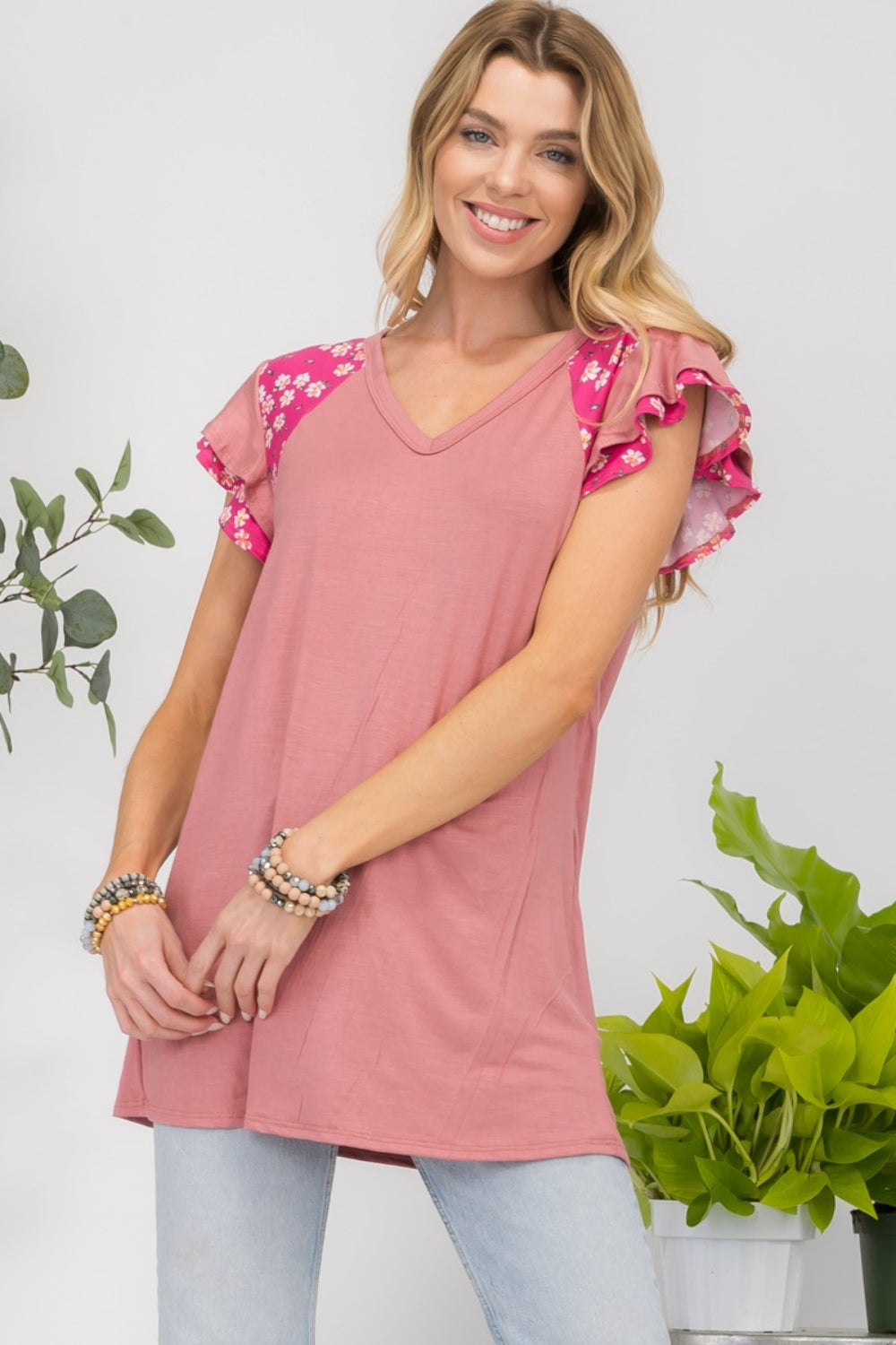 Celeste Full Size Floral Contrast Short Sleeve Top - Rosa Apparel