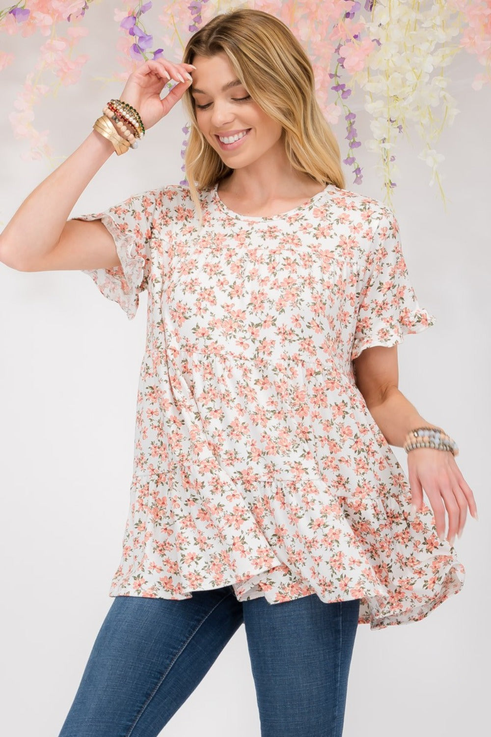 Celeste Full Size Floral Ruffled Short Sleeve Blouse - Rosa Apparel