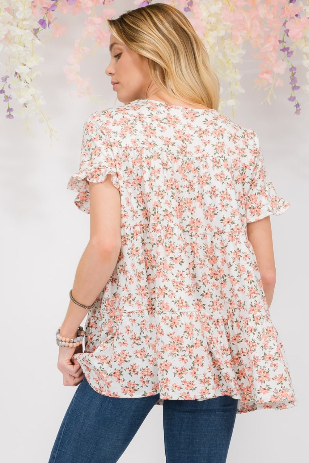 Celeste Full Size Floral Ruffled Short Sleeve Blouse - Rosa Apparel