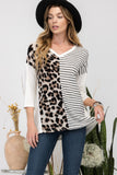 Celeste Full Size Front Leopard and Striped Print V-Neck T-Shirt - Rosa Apparel