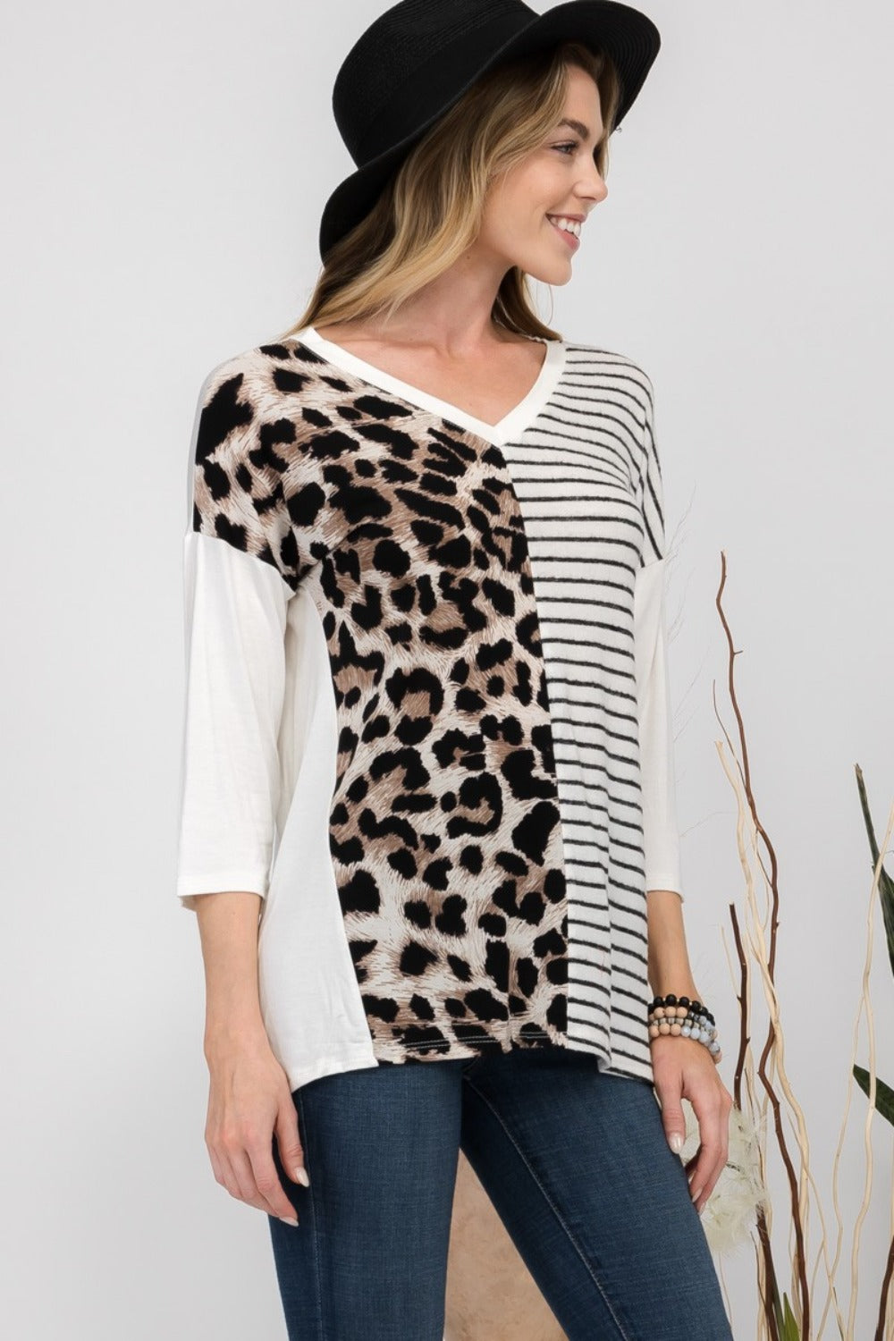 Celeste Full Size Front Leopard and Striped Print V-Neck T-Shirt - Rosa Apparel