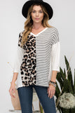 Celeste Full Size Front Leopard and Striped Print V-Neck T-Shirt - Rosa Apparel