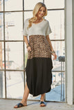 Celeste Full Size Leopard Color Block Short Sleeve Slit Maxi Dress with Pockets - Rosa Apparel