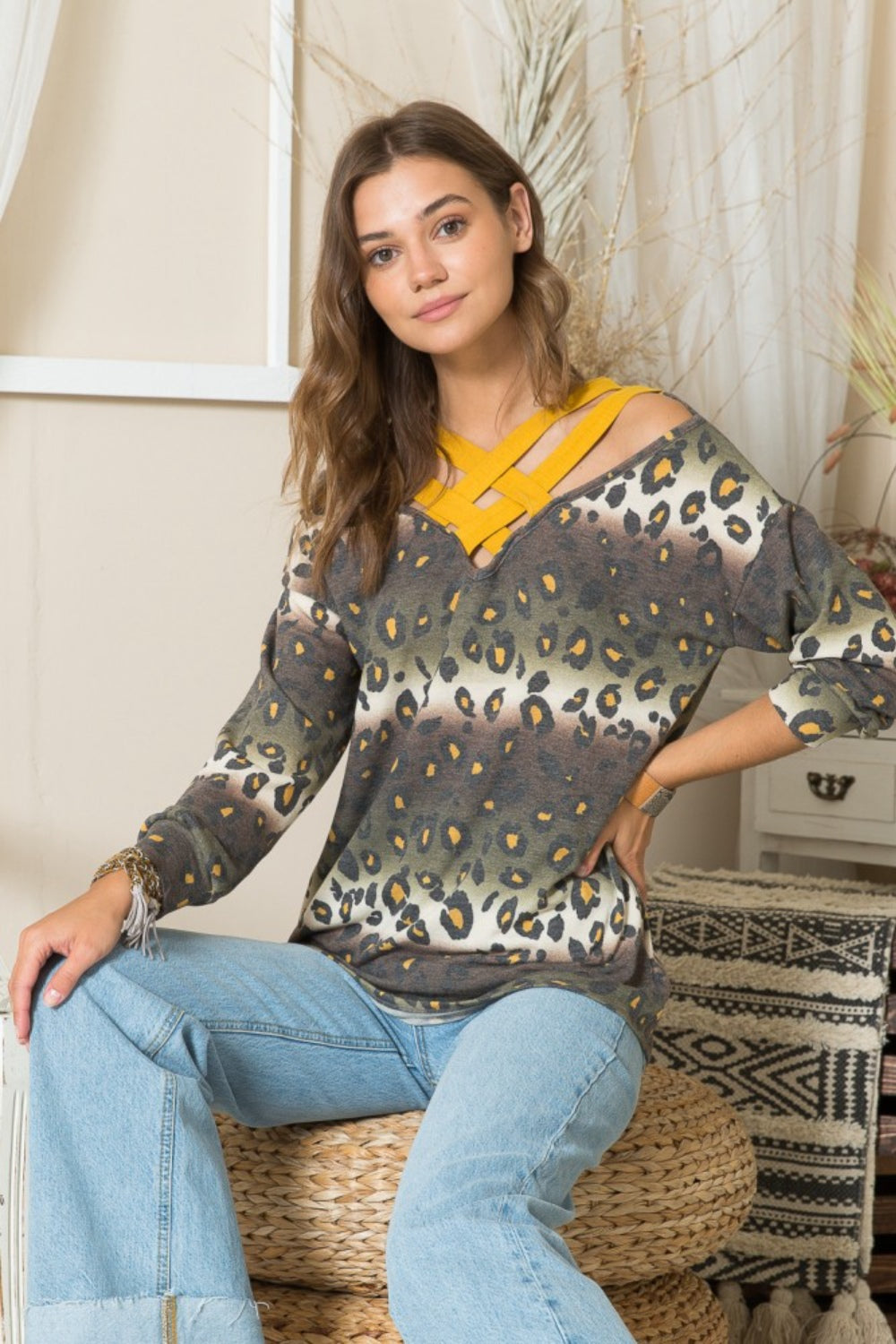 Celeste Full Size Leopard Long Sleeve T-Shirt with Braided Strap - Rosa Apparel