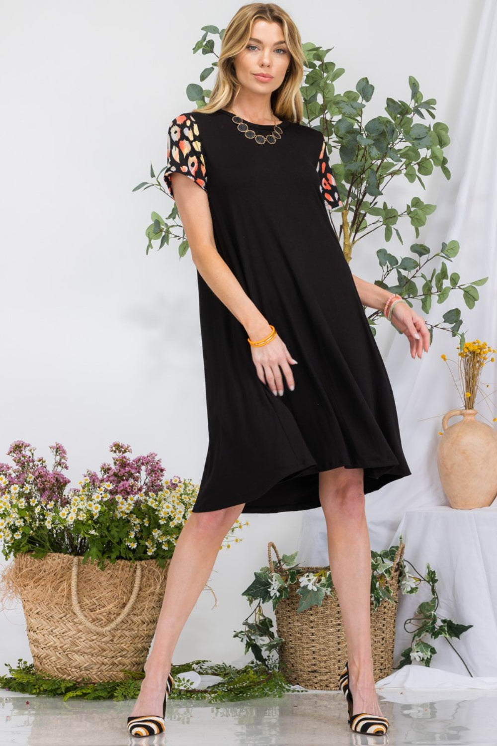 Celeste Full Size Leopard Short Sleeve Dress with Pockets - Rosa Apparel