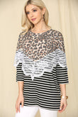 Celeste Full Size Leopard Spliced Stripe T-Shirt with Lace Detail - Rosa Apparel