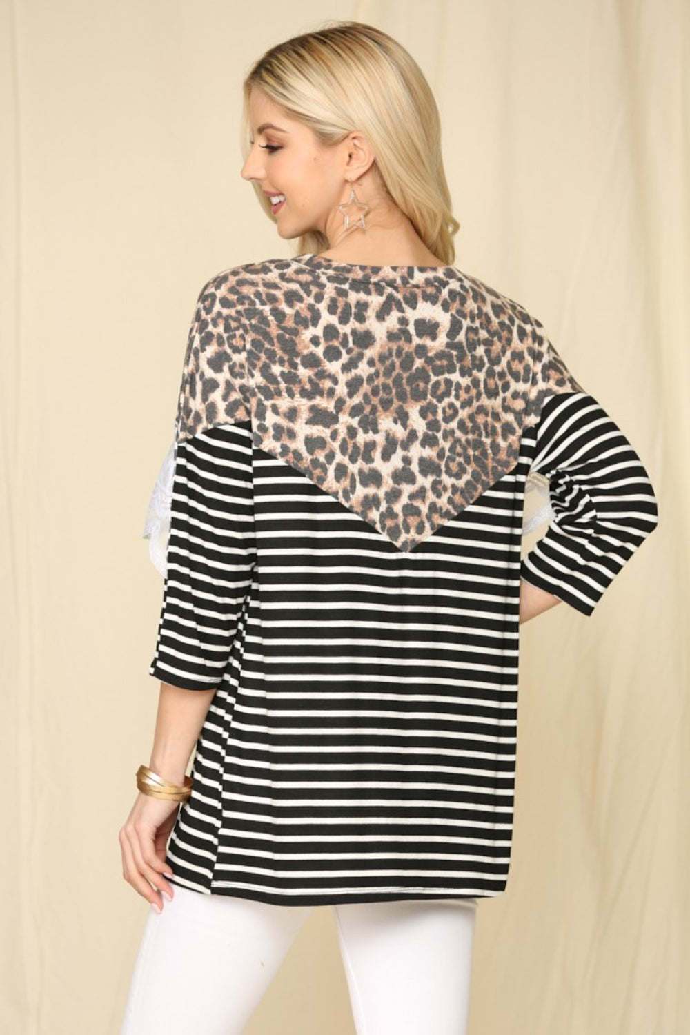 Celeste Full Size Leopard Spliced Stripe T-Shirt with Lace Detail - Rosa Apparel