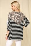 Celeste Full Size Leopard Spliced Stripe T-Shirt with Lace Detail - Rosa Apparel