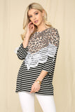 Celeste Full Size Leopard Spliced Stripe T-Shirt with Lace Detail - Rosa Apparel