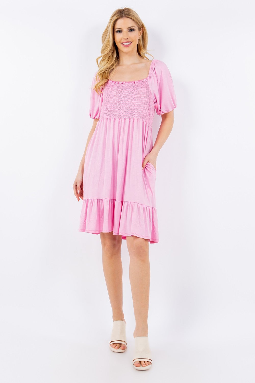 Celeste Full Size Ruffle Hem Short Sleeve Smocked Dress - Rosa Apparel