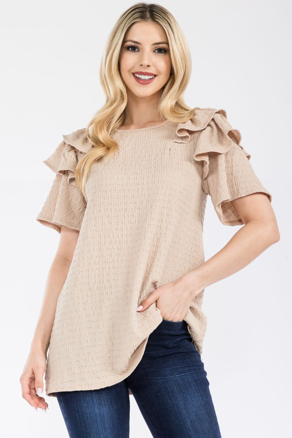 Celeste Full Size Ruffle Layered Short Sleeve Texture Top - Rosa Apparel