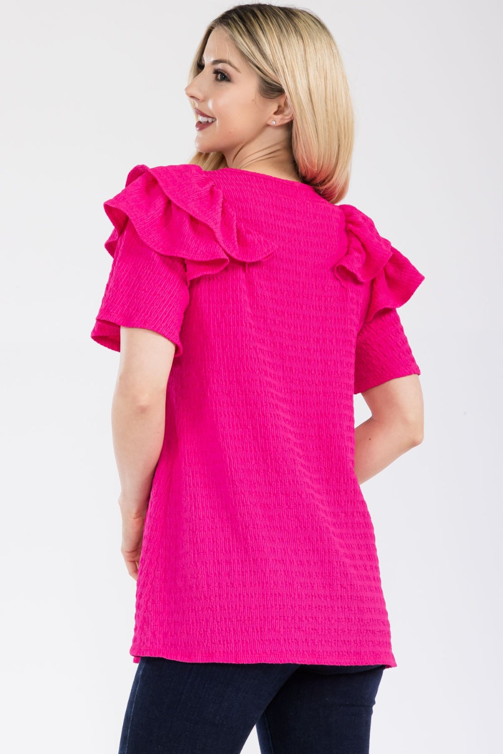 Celeste Full Size Ruffle Layered Short Sleeve Texture Top - Rosa Apparel