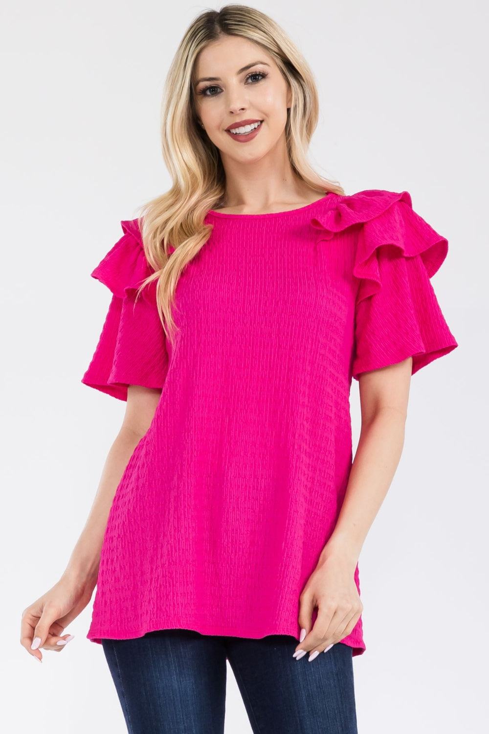 Celeste Full Size Ruffle Layered Short Sleeve Texture Top - Rosa Apparel