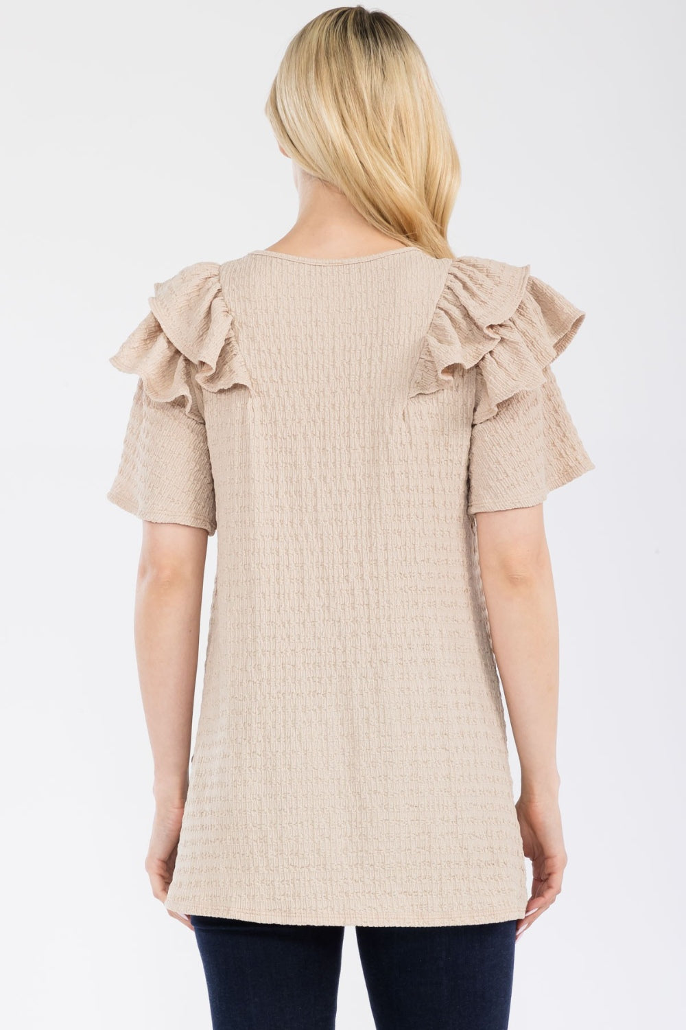 Celeste Full Size Ruffle Layered Short Sleeve Texture Top - Rosa Apparel