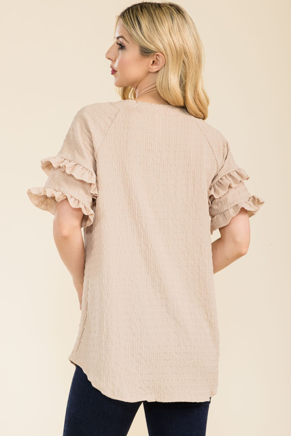 Celeste Full Size Ruffle Short Sleeve Texture Top - Rosa Apparel