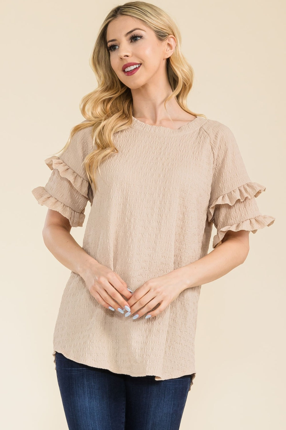 Celeste Full Size Ruffle Short Sleeve Texture Top - Rosa Apparel