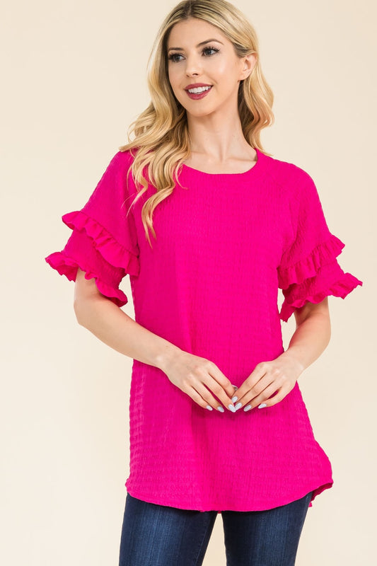 Celeste Full Size Ruffle Short Sleeve Texture Top - Rosa Apparel