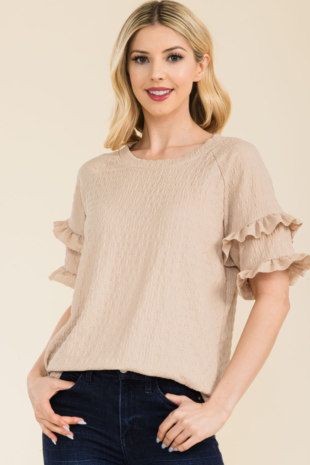 Celeste Full Size Ruffle Short Sleeve Texture Top - Rosa Apparel