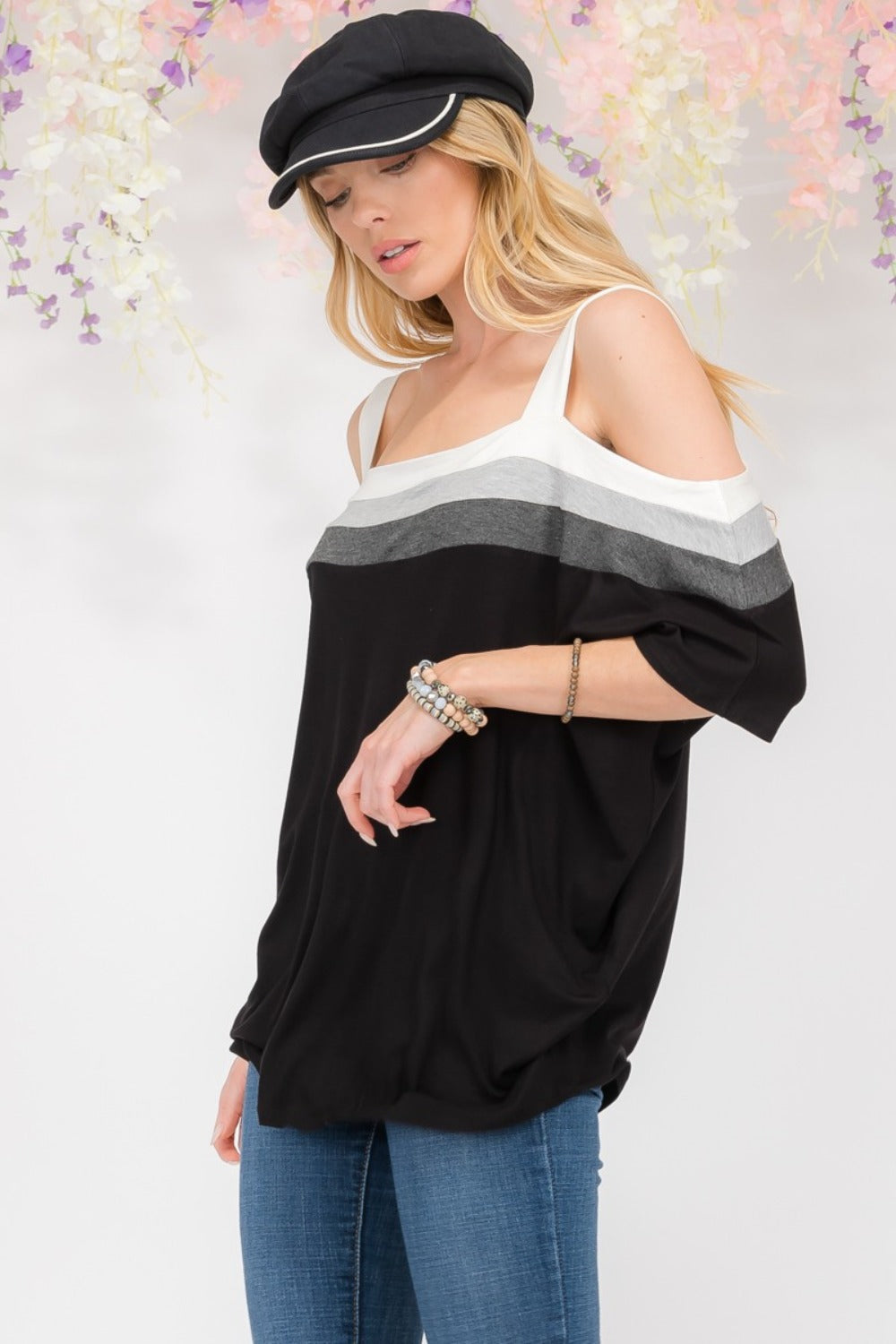 Celeste Full Size Striped Square Neck Cold Shoulder Top - Rosa Apparel