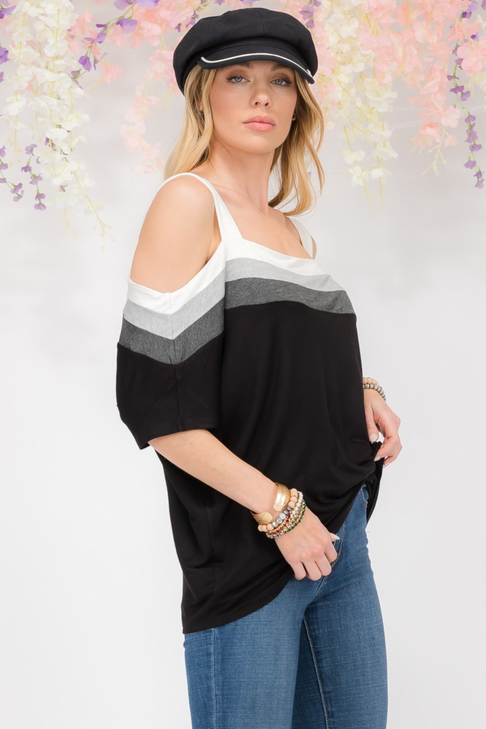 Celeste Full Size Striped Square Neck Cold Shoulder Top - Rosa Apparel