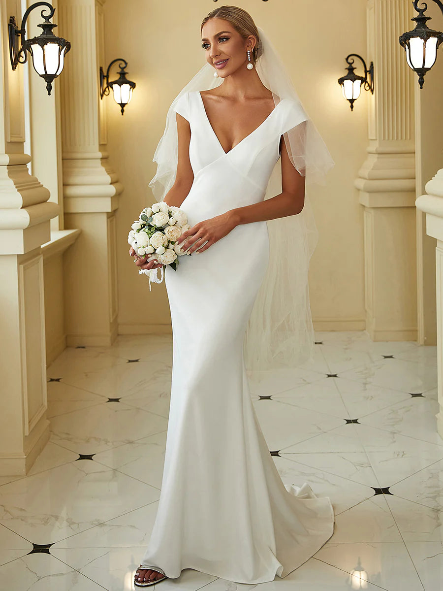 Cover Sleeves Backless Fishtail Deep V Neck Wedding Dress - Rosa Apparel