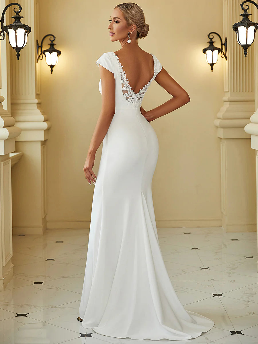 Cover Sleeves Backless Fishtail Deep V Neck Wedding Dress - Rosa Apparel