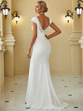 Cover Sleeves Backless Fishtail Deep V Neck Wedding Dress - Rosa Apparel