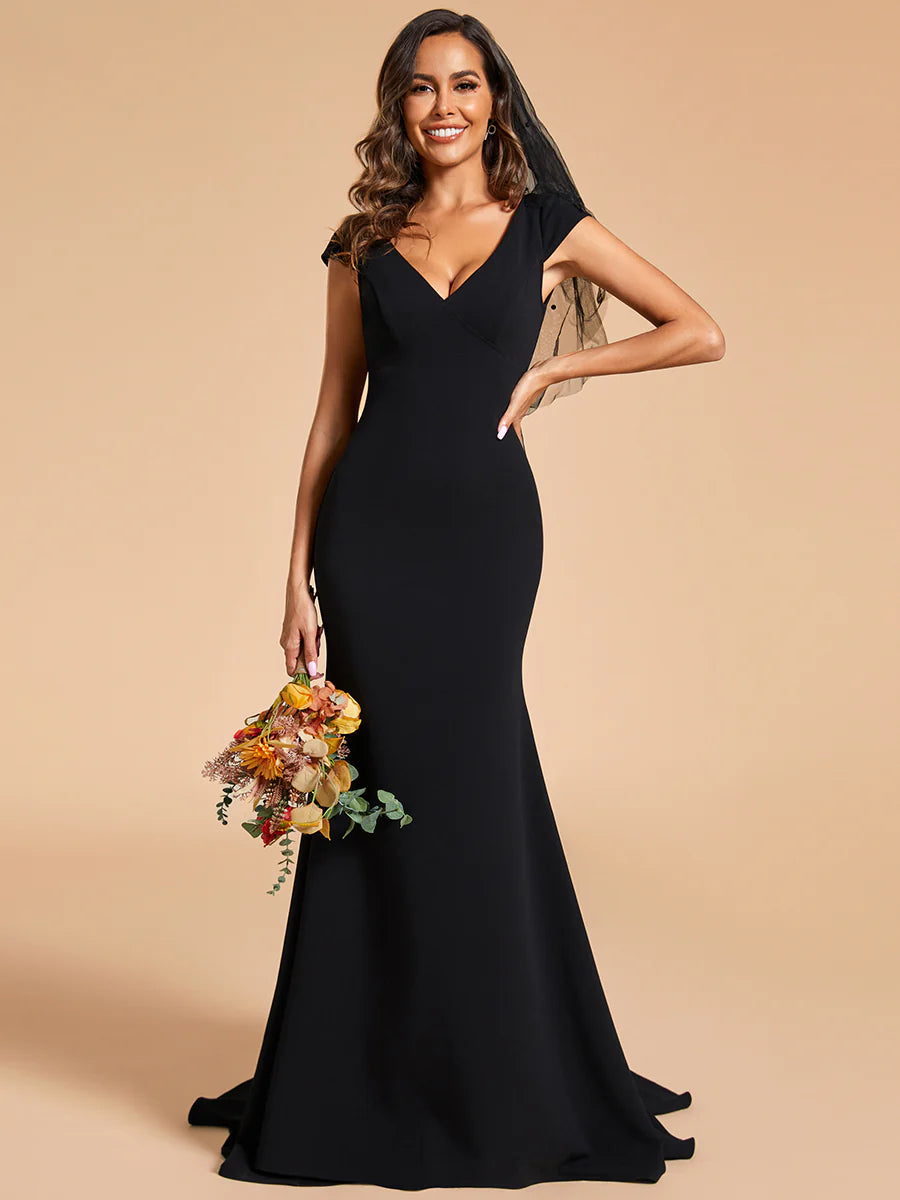 Cover Sleeves Backless Fishtail Deep V Neck Wedding Dress - Rosa Apparel