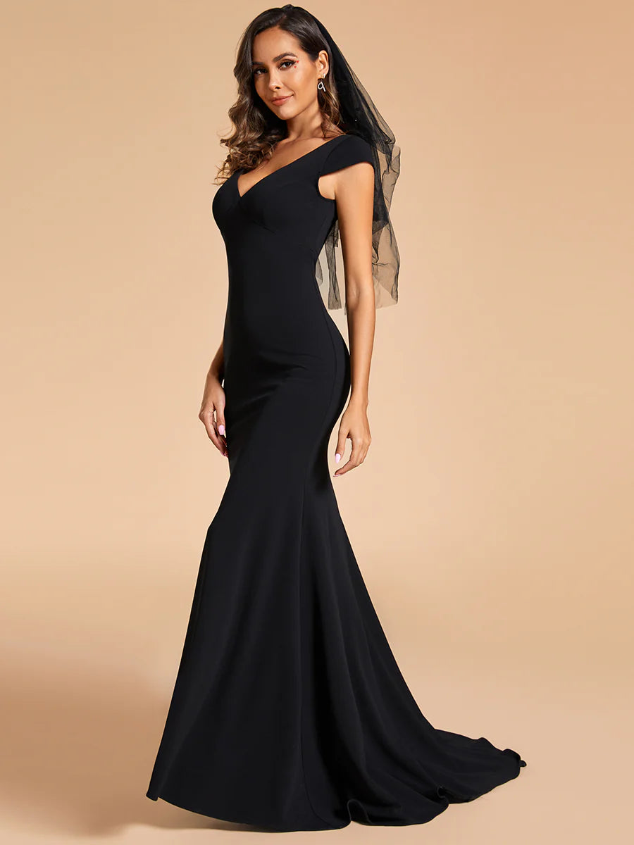 Cover Sleeves Backless Fishtail Deep V Neck Wedding Dress - Rosa Apparel