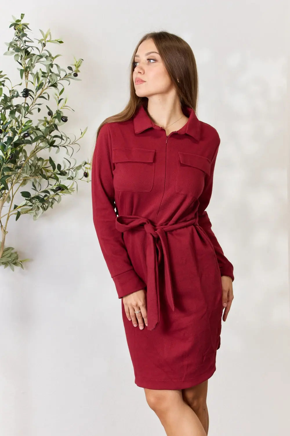 Culture Code Full Size Tie Front Half Zip Long Sleeve Shirt Dress - Rosa Apparel