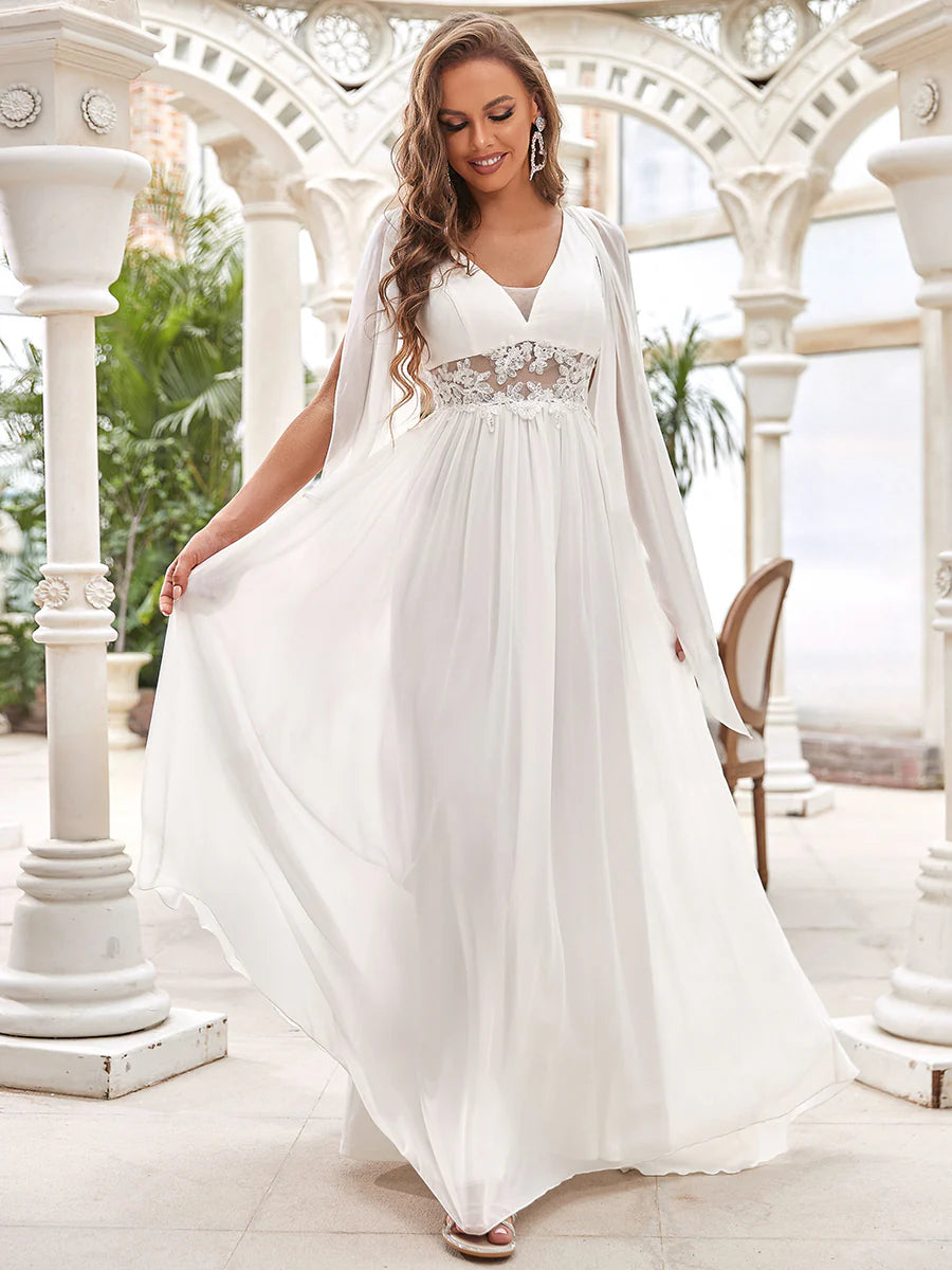 Deep V Neck A-Line Floor Length Wedding Dress - Rosa Apparel