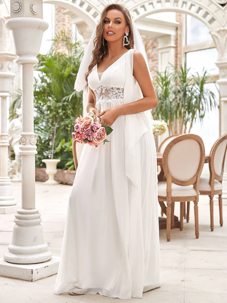 Deep V Neck A-Line Floor Length Wedding Dress - Rosa Apparel