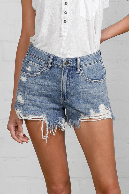 Denim Lab USA Frayed Hem Distressed High Rise Non-Stretch Denim Shorts - Rosa Apparel