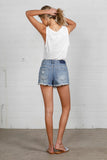 Denim Lab USA Frayed Hem Distressed High Rise Non-Stretch Denim Shorts - Rosa Apparel