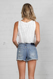 Denim Lab USA Frayed Hem Distressed High Rise Non-Stretch Denim Shorts - Rosa Apparel