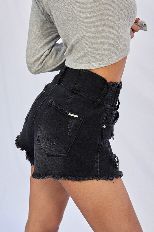 Denim Lab USA Super High Rise Frayed Destroyed Stretch Denim Shorts - Rosa Apparel