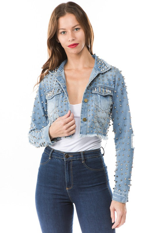 Denim Stud All Over Crop Chic Jacket By Claude - Rosa Apparel