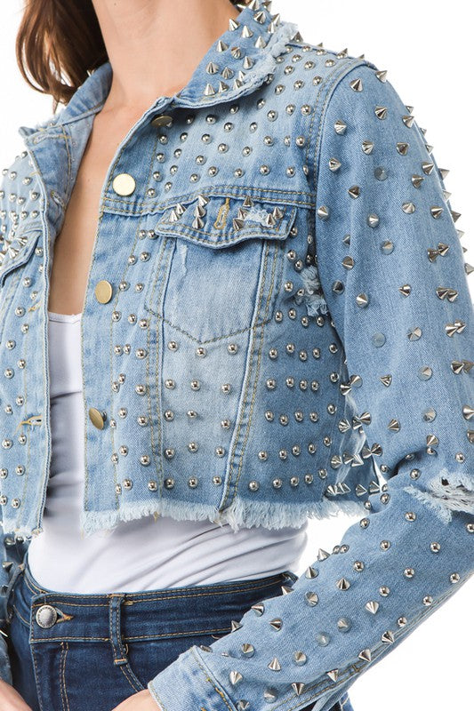 Denim Stud All Over Crop Chic Jacket By Claude - Rosa Apparel