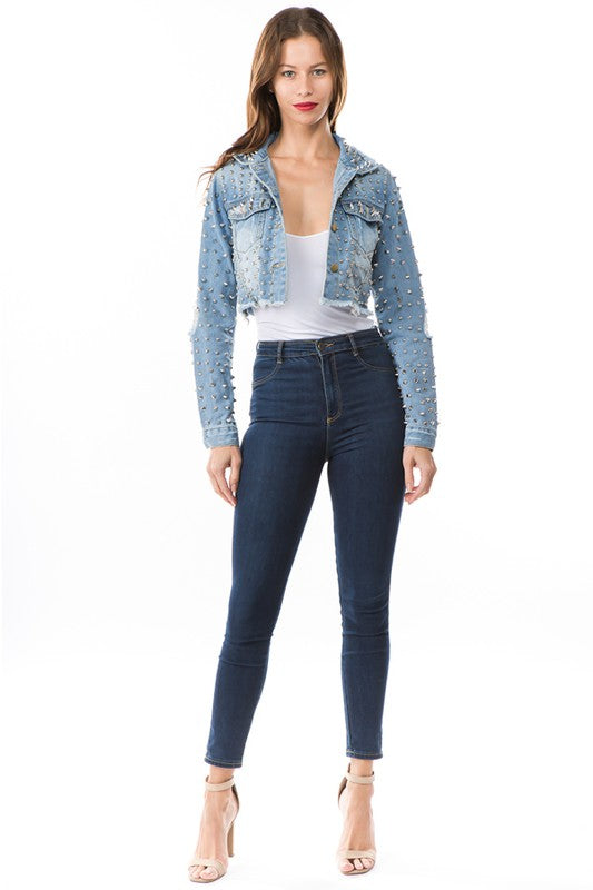 Denim Stud All Over Crop Chic Jacket By Claude - Rosa Apparel