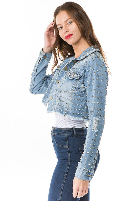 Denim Stud All Over Crop Chic Jacket By Claude - Rosa Apparel