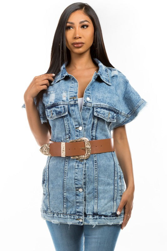 Denim Vest Jacket Front Button Short Sleeves By Claude - Rosa Apparel