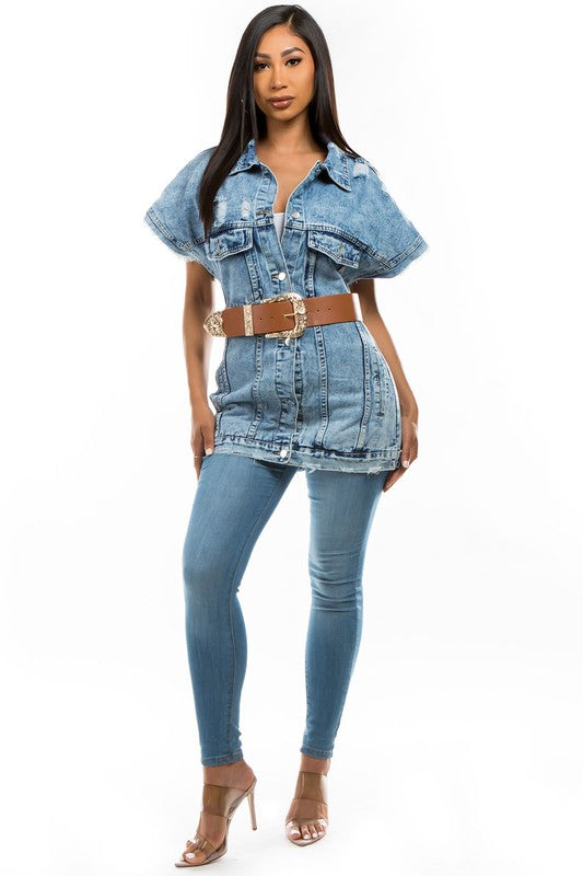 Denim Vest Jacket Front Button Short Sleeves By Claude - Rosa Apparel