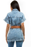 Denim Vest Jacket Front Button Short Sleeves By Claude - Rosa Apparel