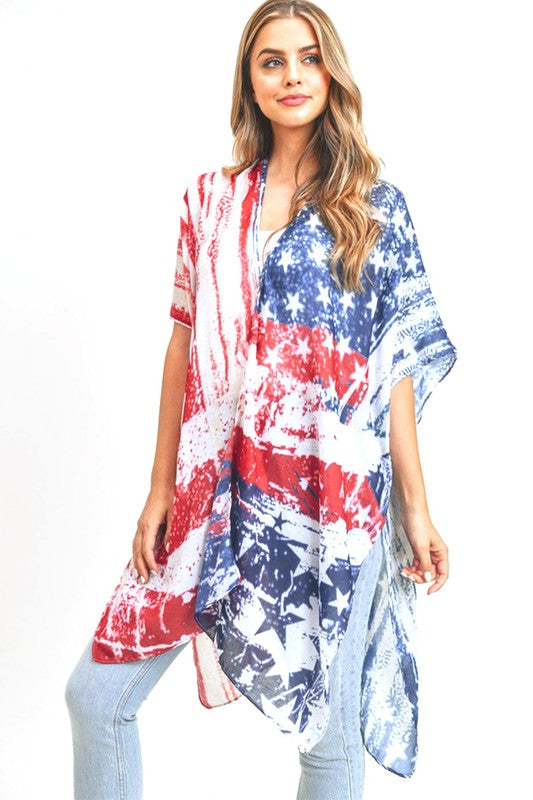 Distressed American Flag 4th of July Printed Long Kimono - Rosa Apparel