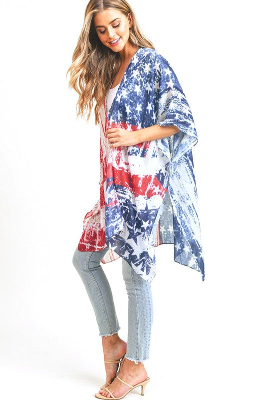 Distressed American Flag 4th of July Printed Long Kimono - Rosa Apparel