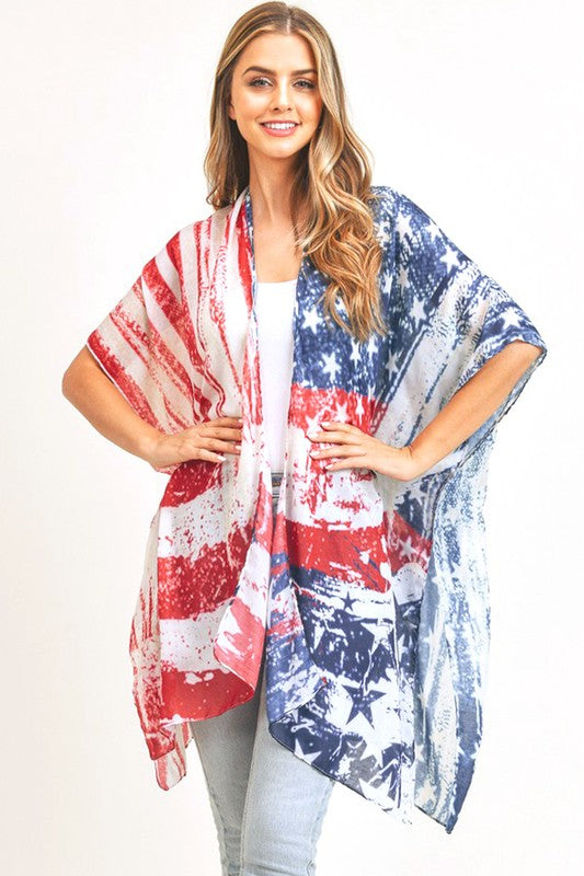 Distressed American Flag 4th of July Printed Long Kimono - Rosa Apparel