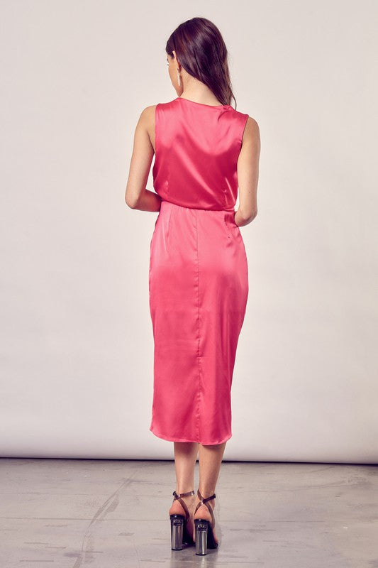 Do  Be Casual Front Slit V-Neck Sleeveless Wrap Midi Dress - Rosa Apparel