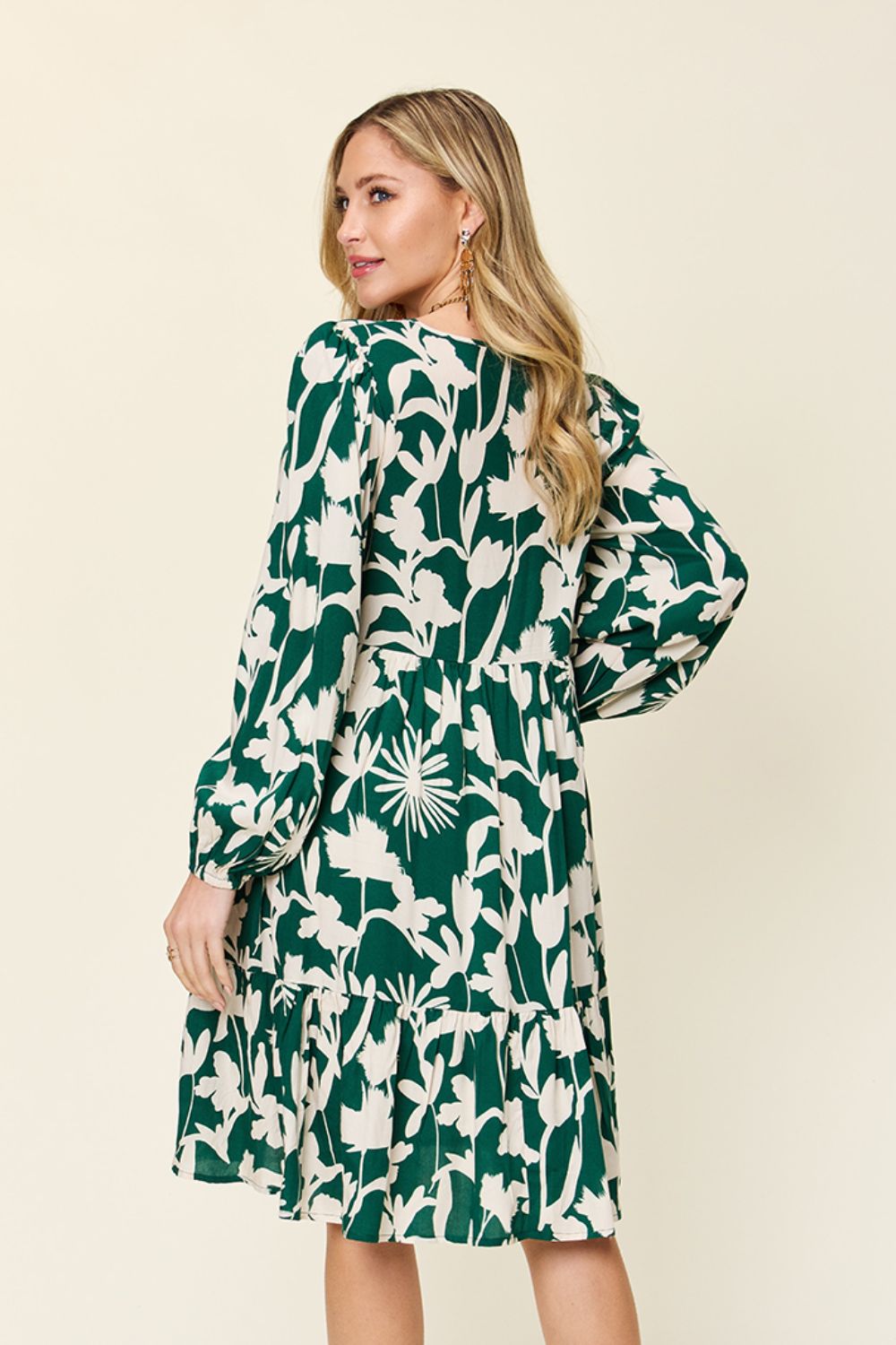 Double Take Full Size Printed Ruffle Hem Long Sleeve Midi Dress - Rosa Apparel