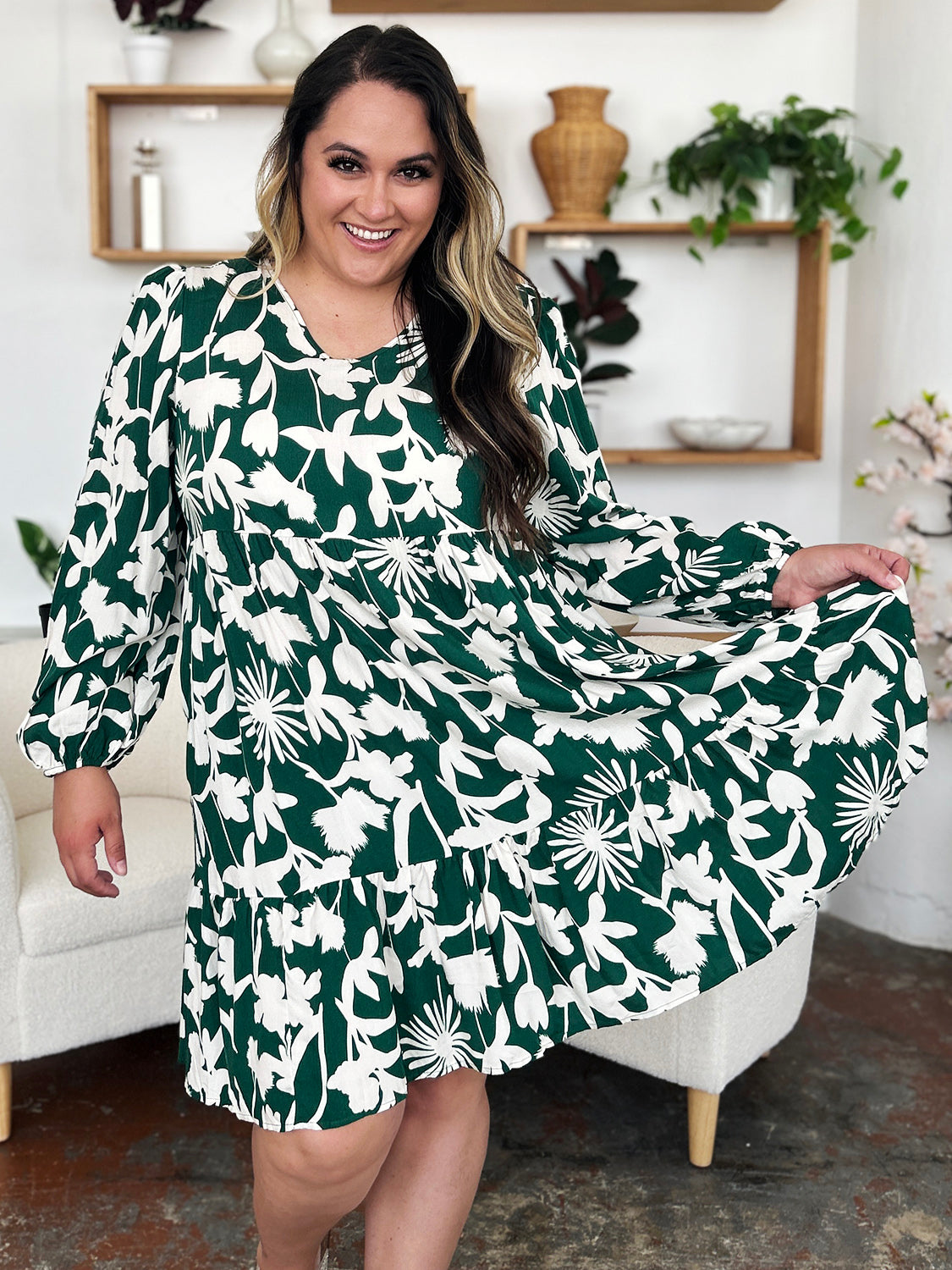 Double Take Full Size Printed Ruffle Hem Long Sleeve Midi Dress - Rosa Apparel