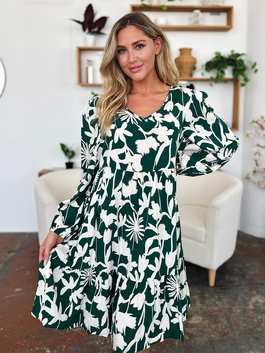 Double Take Full Size Printed Ruffle Hem Long Sleeve Midi Dress - Rosa Apparel